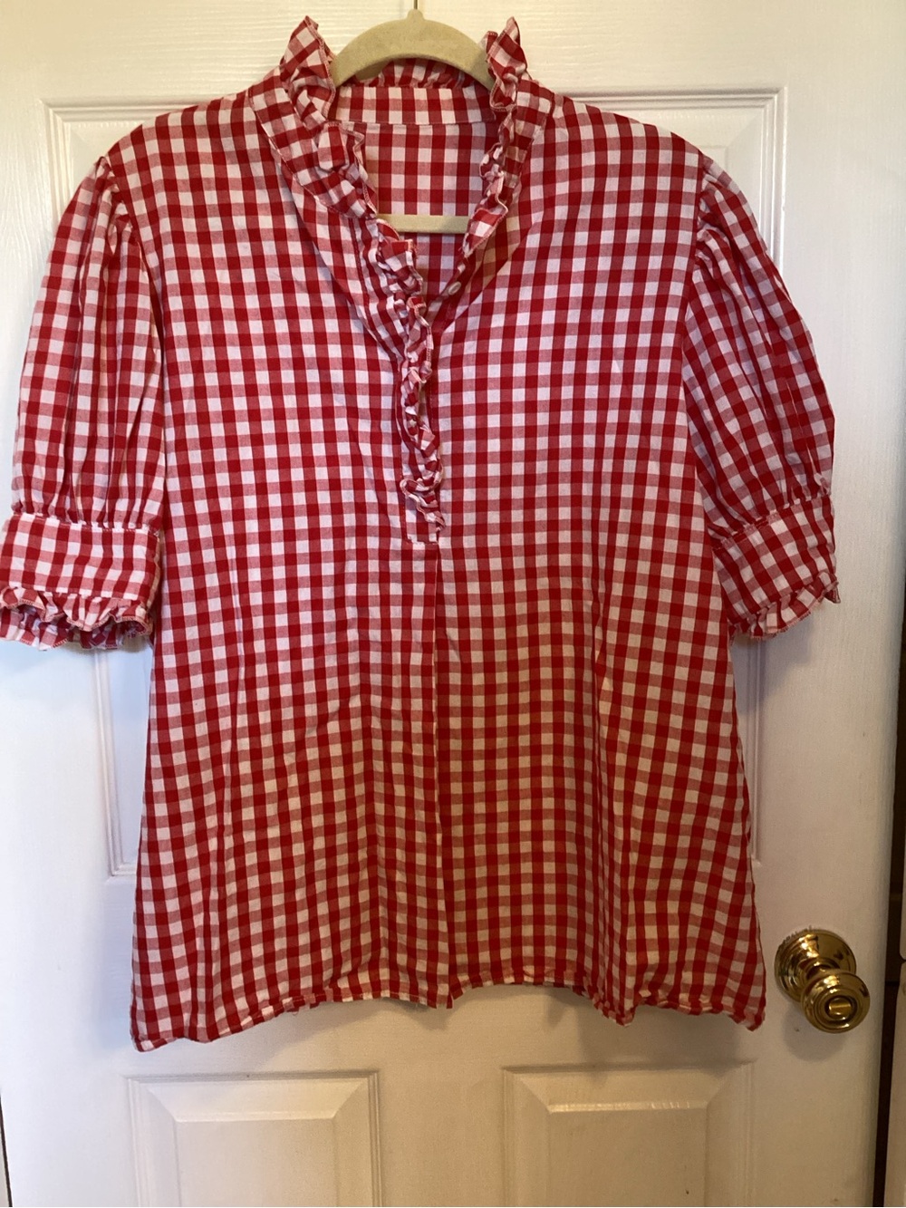 Ruffled V-Neck Gingham Top in Red and White